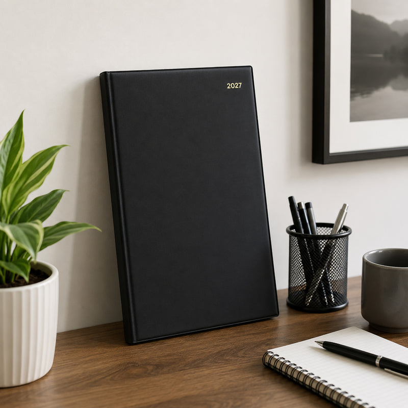The Collins Belmont 2027 A4 diary stands upright against a wall on a wooden office desk beside stationery, a notebook, coffee mug and indoor plant. The premium black cover with gold year marking presents a sophisticated appearance for executive workspaces.