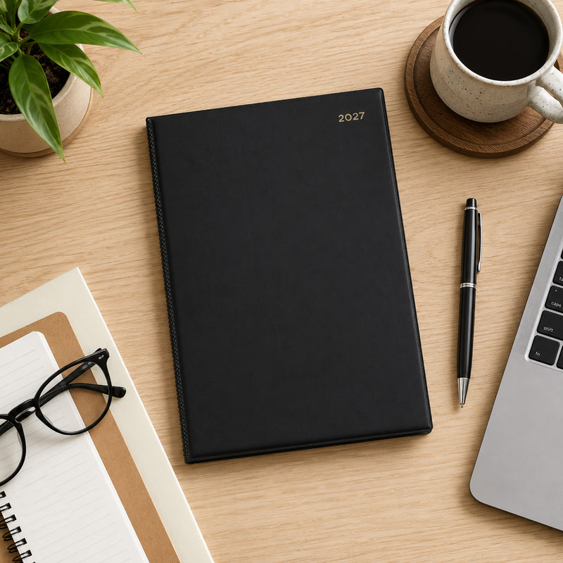 Top view of the Collins Belmont 2027 A4 diary with its premium black PVC padded cover resting on a light timber desk. A laptop, notebook, glasses, coffee cup, pen and indoor plant create a clean executive workspace that highlights the diary's professional design.