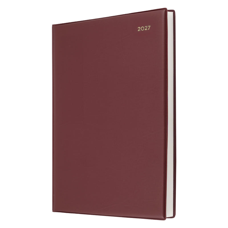 Angled front view of the Collins Belmont 2027 A4 Burgundy Diary isolated on a white background, highlighting the premium padded PVC cover, clean profile and gold embossed year marking.