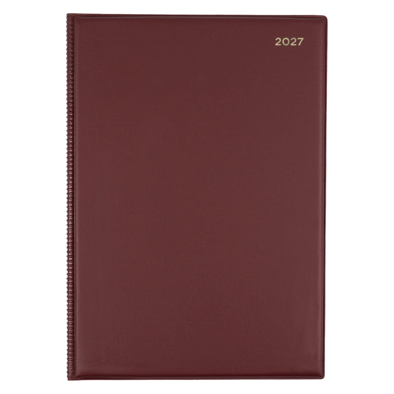 Front view of the Collins Belmont 2027 A4 Burgundy Diary isolated on a white background. The rich burgundy cover with gold embossed 2027 marking presents a timeless and professional diary suitable for business and home offices.