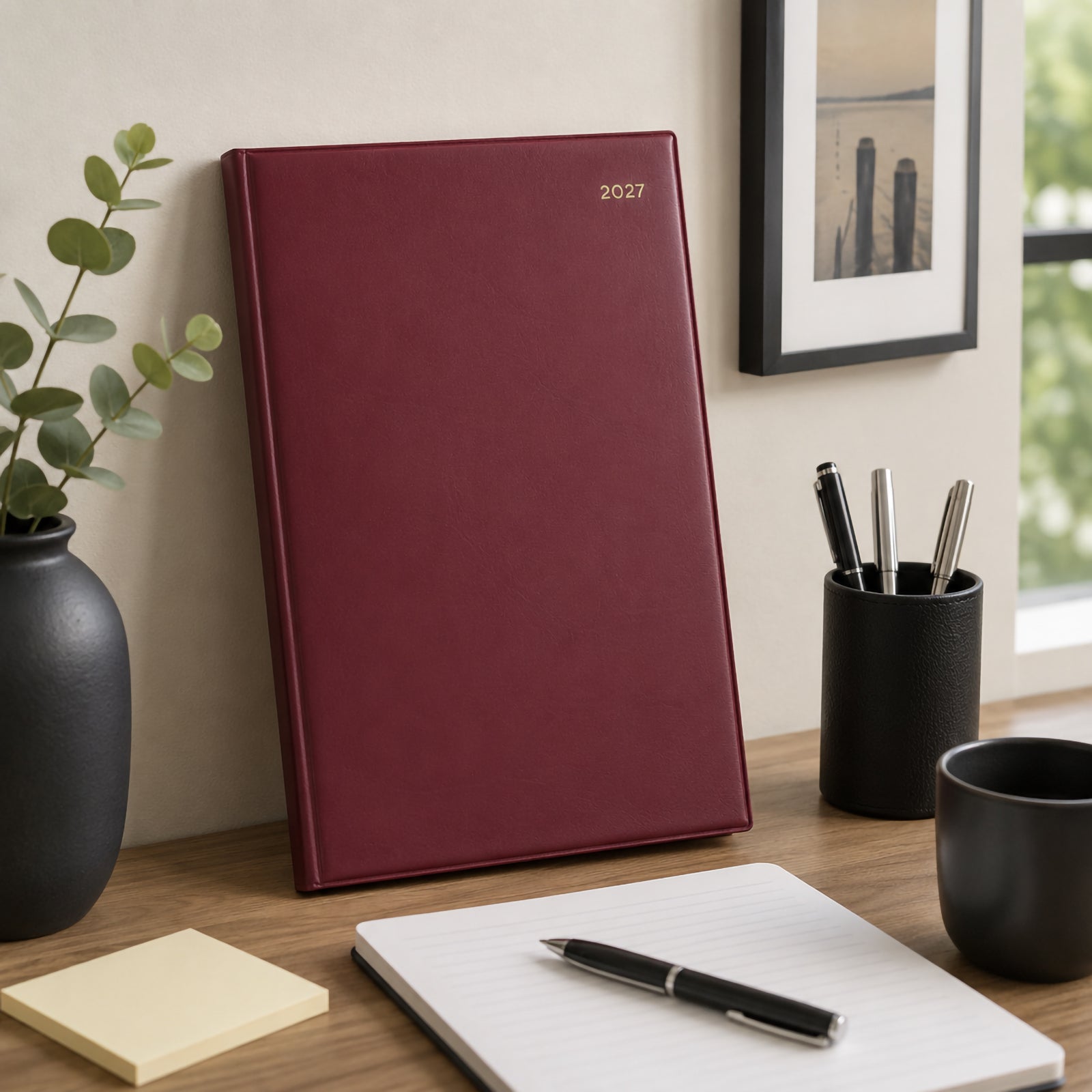 The Collins Belmont 2027 A4 Burgundy Diary is displayed standing upright on an organised office desk beside a notebook, pen holder, decorative plant and coffee mug. The rich burgundy cover complements a refined executive workspace.