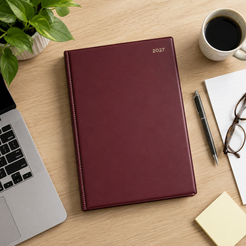 Top view of the Collins Belmont 2027 A4 Burgundy Diary resting on a light timber desk with a laptop, coffee cup, pen, notepad and office accessories. The elegant burgundy PVC cover provides a sophisticated and professional appearance.