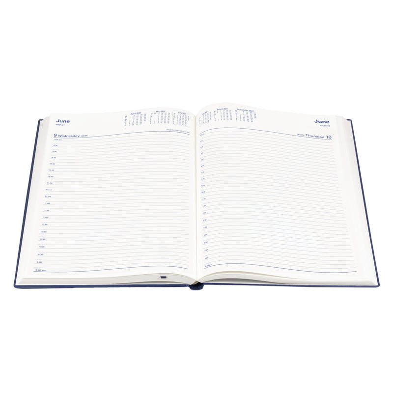 Open view of the Collins Belmont 2027 A4 diary isolated on a white background, showcasing the spacious day to a page layout with half hourly appointment scheduling, reference calendars and generous writing space.