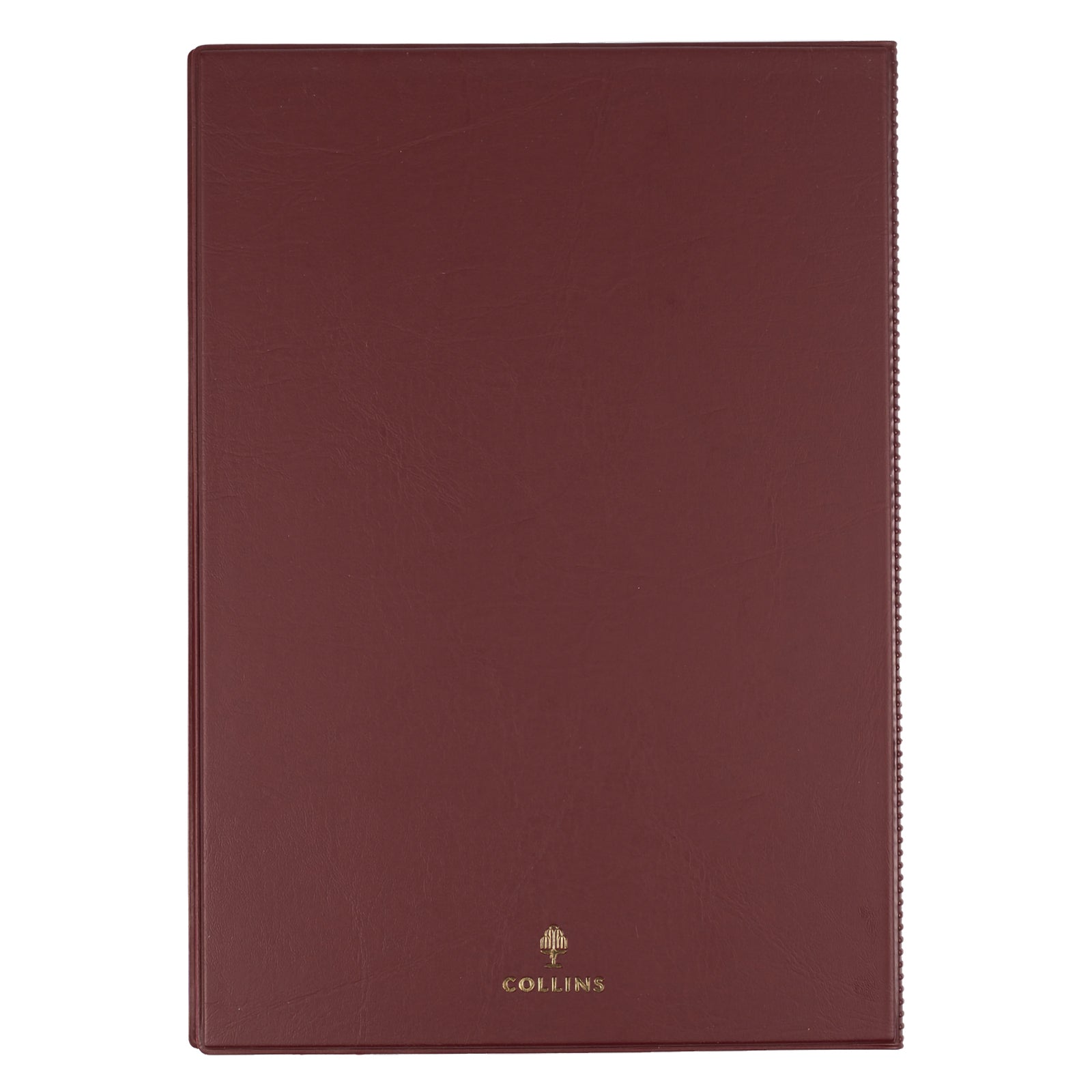 Rear view of the Collins Belmont 2027 A4 Burgundy Diary displayed against a white background, showing the durable welded PVC cover with Collins branding and executive finish for everyday office use.