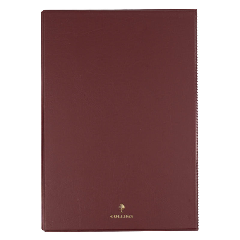 Rear view of the Collins Belmont 2027 A4 Burgundy Diary displayed against a white background, showing the durable welded PVC cover with Collins branding and executive finish for everyday office use.