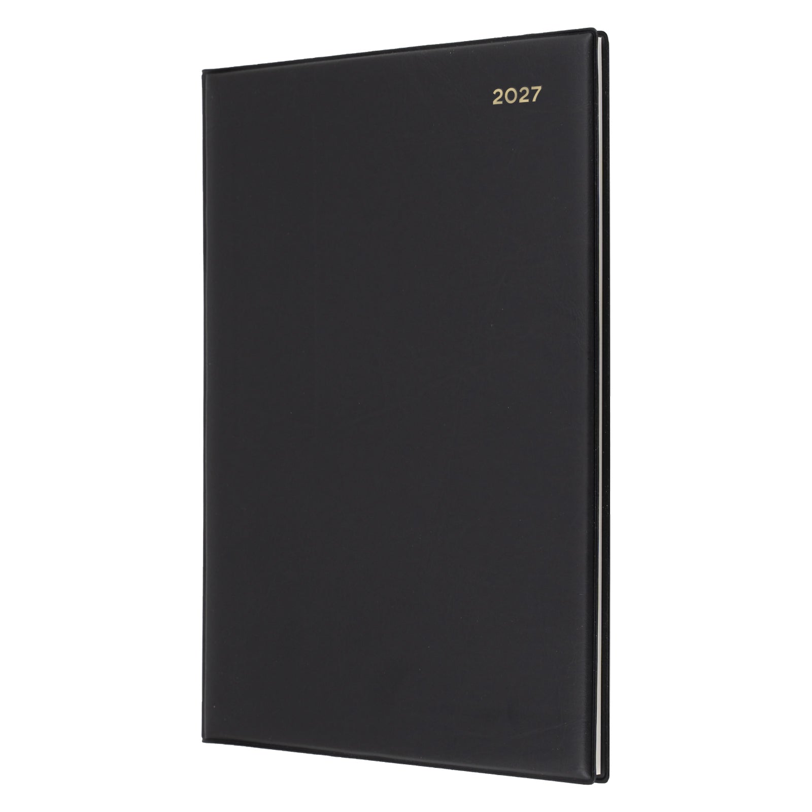 Angled front view of the Collins Belmont 2027 A4 Black Diary isolated on a white background, showcasing the durable padded PVC cover with elegant gold embossed 2027 year marking.