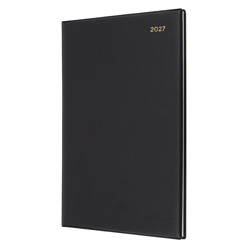 Angled front view of the Collins Belmont 2027 A4 Black Diary isolated on a white background, showcasing the durable padded PVC cover with elegant gold embossed 2027 year marking.