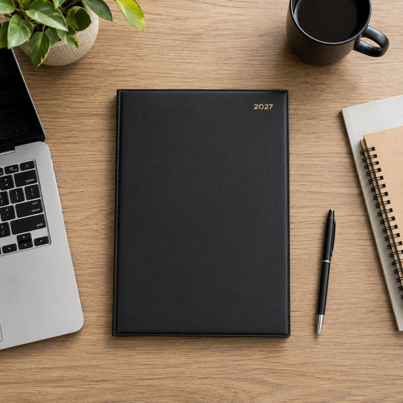 Top view of the Collins Belmont 2027 A4 Week to View Black Diary displayed on a timber desk with a laptop, notebook, pen, coffee cup and indoor plant. The premium black cover creates a clean and professional workspace presentation.