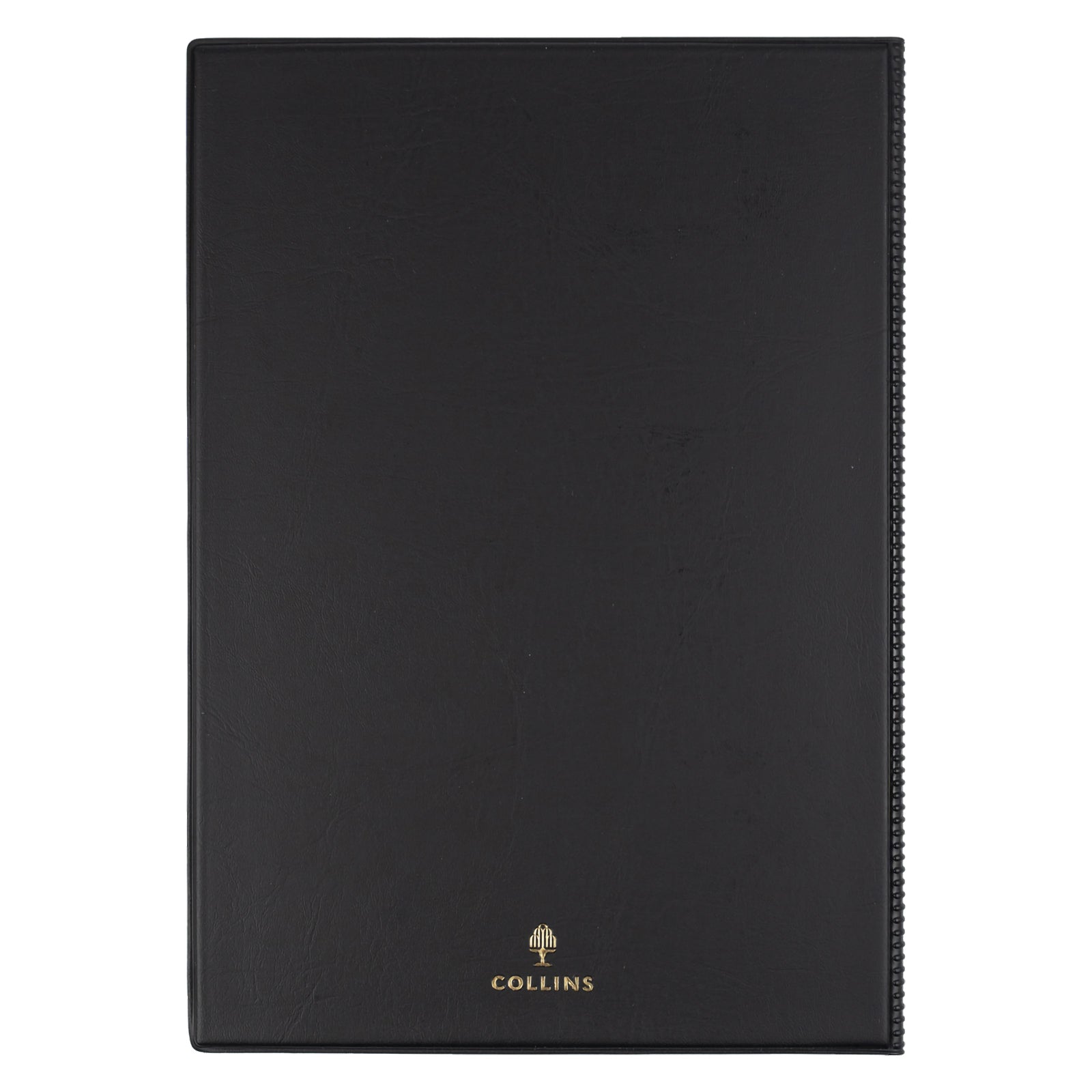 Rear view of the Collins Belmont 2027 A4 Black Diary isolated on a white background, highlighting the durable welded PVC construction with Collins branding for long lasting everyday office use.