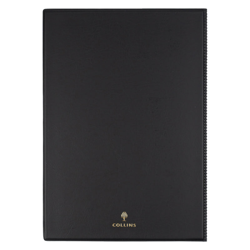 Rear view of the Collins Belmont 2027 A4 Black Diary isolated on a white background, highlighting the durable welded PVC construction with Collins branding for long lasting everyday office use.