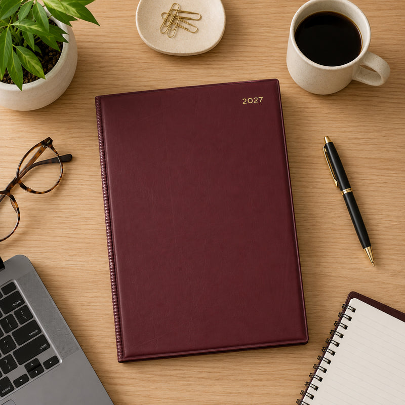 Top view of the Collins Belmont 2027 A4 Week to View Burgundy Diary resting on a timber desk with a laptop, coffee cup, glasses, notebook, pen and indoor plant. The rich burgundy cover brings a refined executive look to an organised workspace.