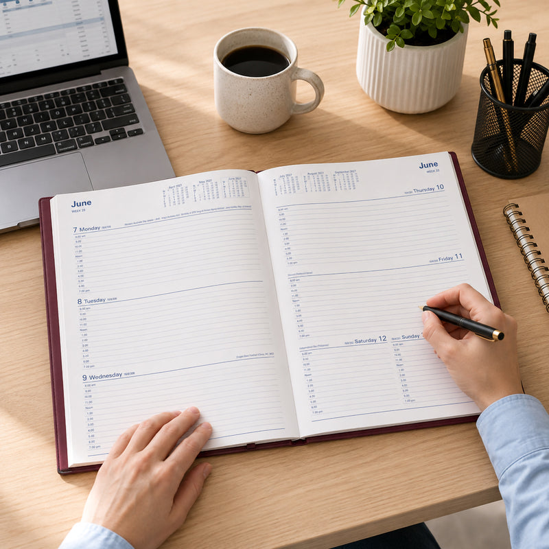 The Collins Belmont 2027 A4 Week to View Burgundy Diary is open on a modern office desk while a professional writes appointments into the weekly planner. A laptop, coffee mug, stationery and notebook create a productive workspace that highlights practical everyday planning.