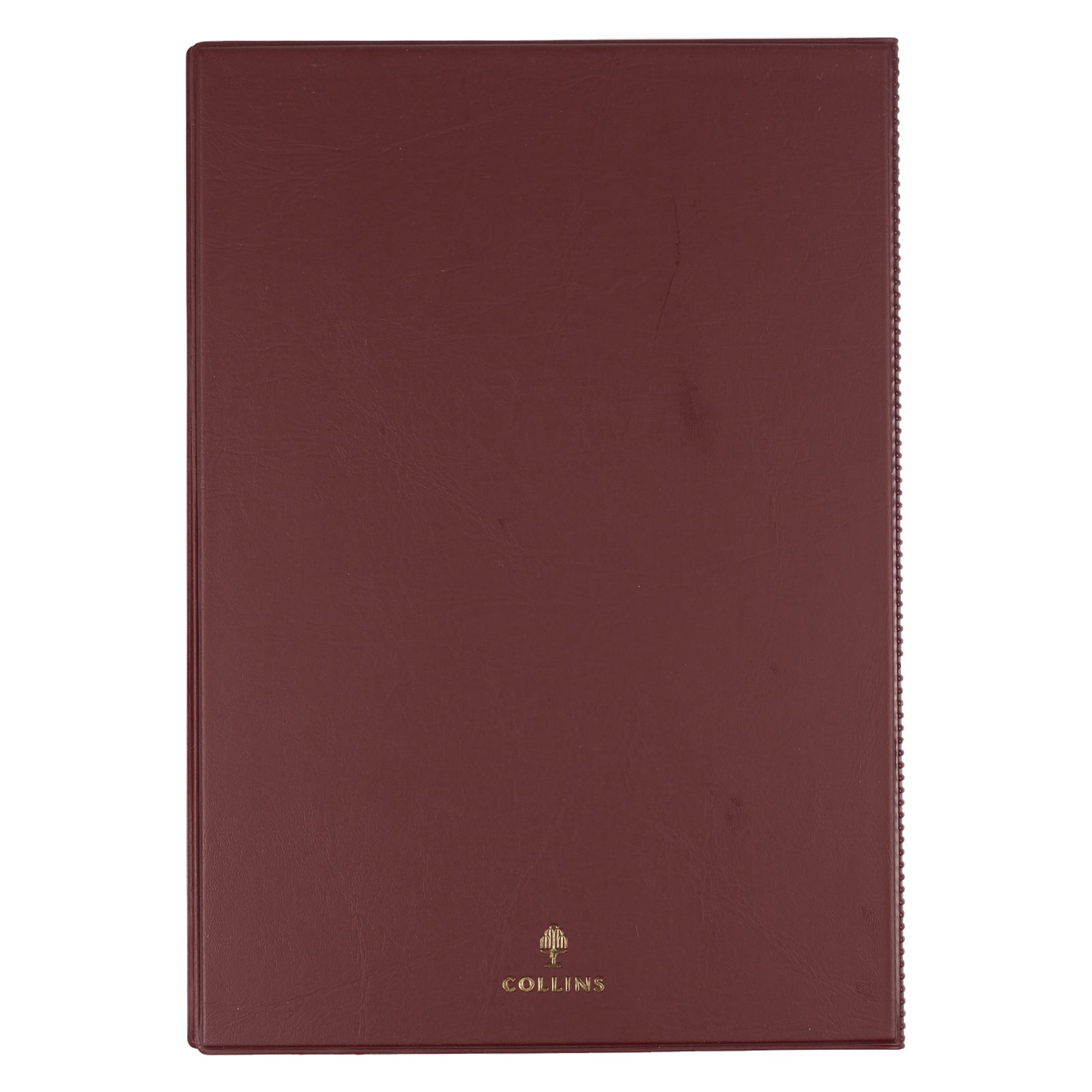 Rear view of the Collins Belmont 2027 A4 Burgundy Diary isolated on a white background, showcasing the durable welded PVC construction with Collins branding for dependable daily use.