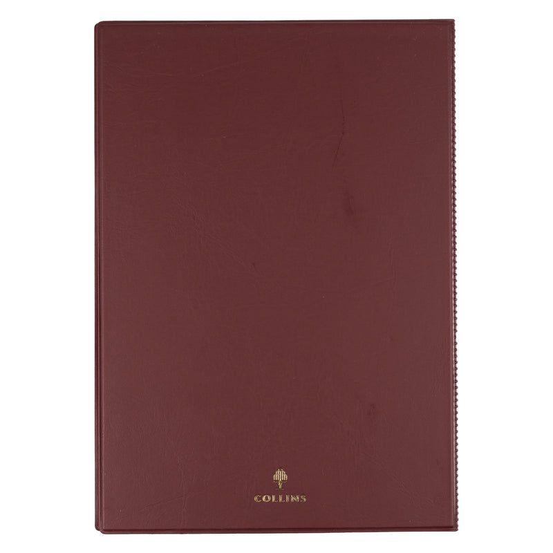 Rear view of the Collins Belmont 2027 A4 Burgundy Diary isolated on a white background, showcasing the durable welded PVC construction with Collins branding for dependable daily use.