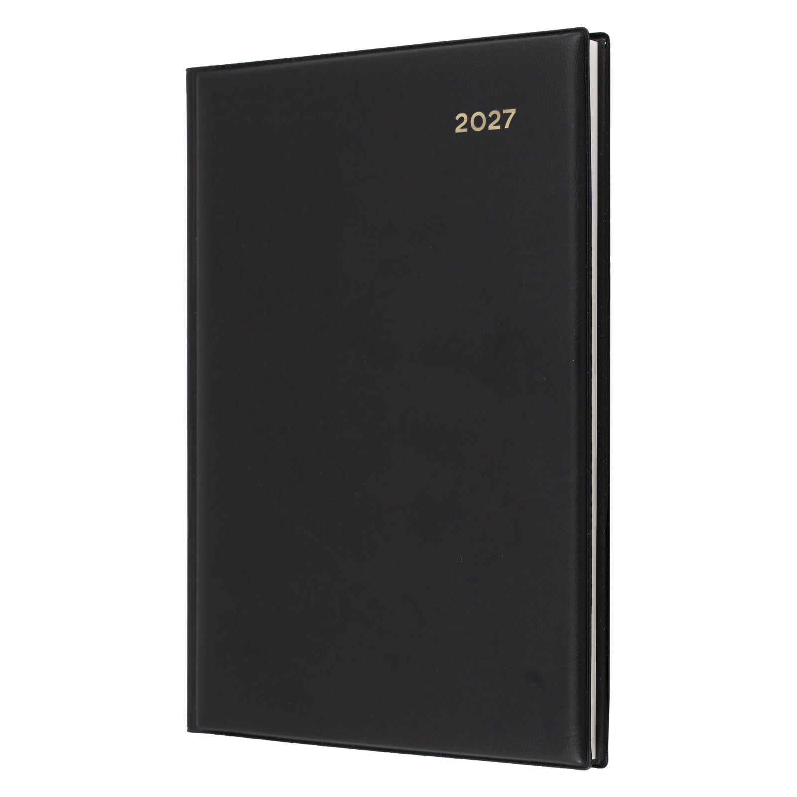 Angled front view of the Collins Belmont 2027 A5 Black Diary isolated on a white background, highlighting the premium welded PVC padded cover with elegant gold embossed 2027 year marking.