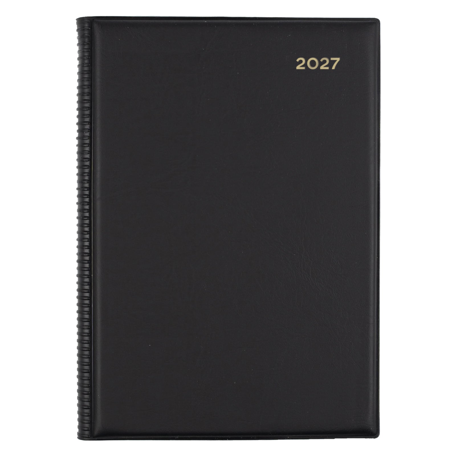 Front view of the Collins Belmont 2027 A5 2 Days to a Page Black Diary isolated on a white background. The classic executive black finish and gold year embossing deliver a refined and professional presentation.