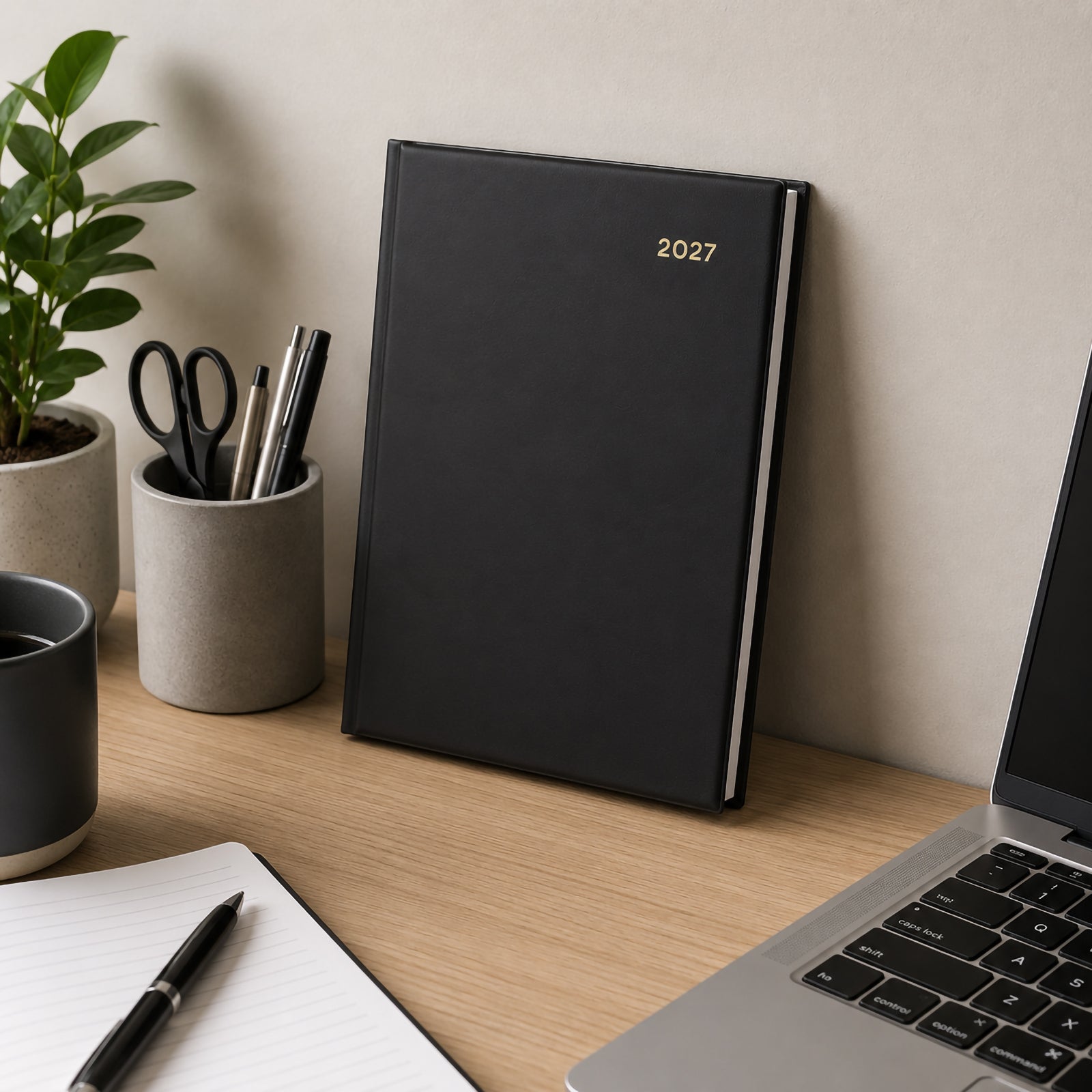The Collins Belmont 2027 A5 Black Diary stands upright against a wall on an office desk beside stationery, a laptop and indoor plant. The premium black padded cover creates a professional and understated appearance suitable for executive environments.