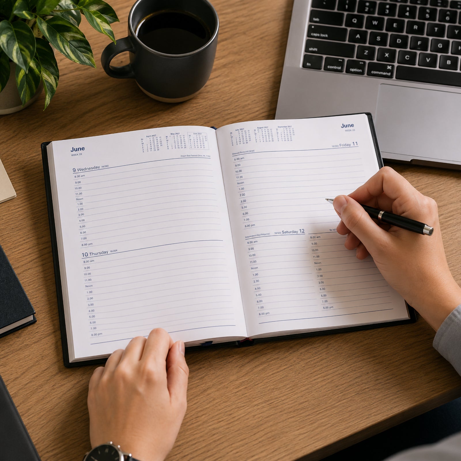 The Collins Belmont 2027 A5 2 Days to a Page Black Diary is open on a modern timber desk while a professional writes appointments with a pen. A laptop, coffee mug and indoor plant create a productive workspace that demonstrates practical daily planning.