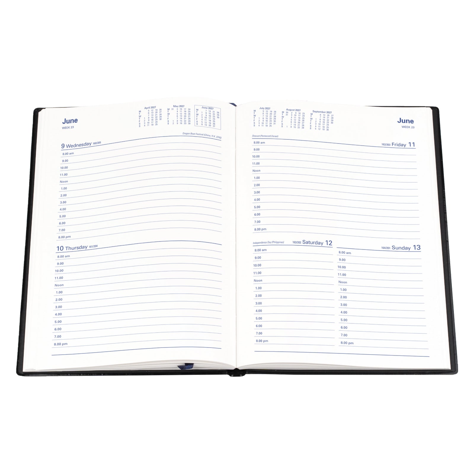 Open interior pages of the Collins Belmont 2027 A5 2 Days to a Page Diary displayed on a white background, showcasing the spacious daily appointment layout with hourly scheduling and clear writing areas.