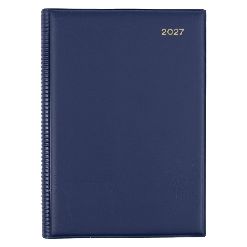 Front view of the Collins Belmont 2027 A5 2 Days to a Page Navy Diary isolated on a white background. The rich navy finish and gold embossed year create a professional planner suitable for office and executive use.