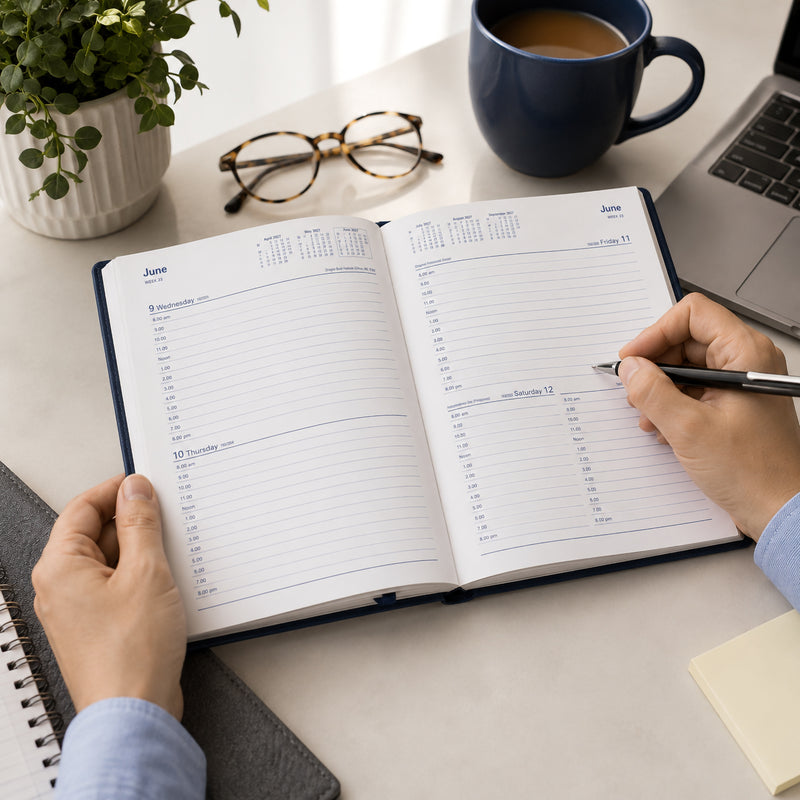 The Collins Belmont 2027 A5 2 Days to a Page Navy Diary is open on a bright office desk while a user records appointments with a pen. A coffee mug, laptop, glasses and indoor plant create a productive workspace that highlights practical everyday planning.