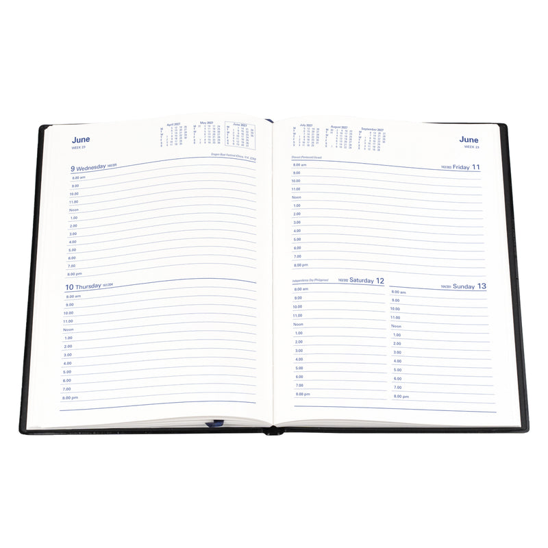 Open interior pages of the Collins Belmont 2027 A5 2 Days to a Page Diary displayed on a white background, showcasing the spacious hourly appointment layout and generous writing areas for organised daily planning.