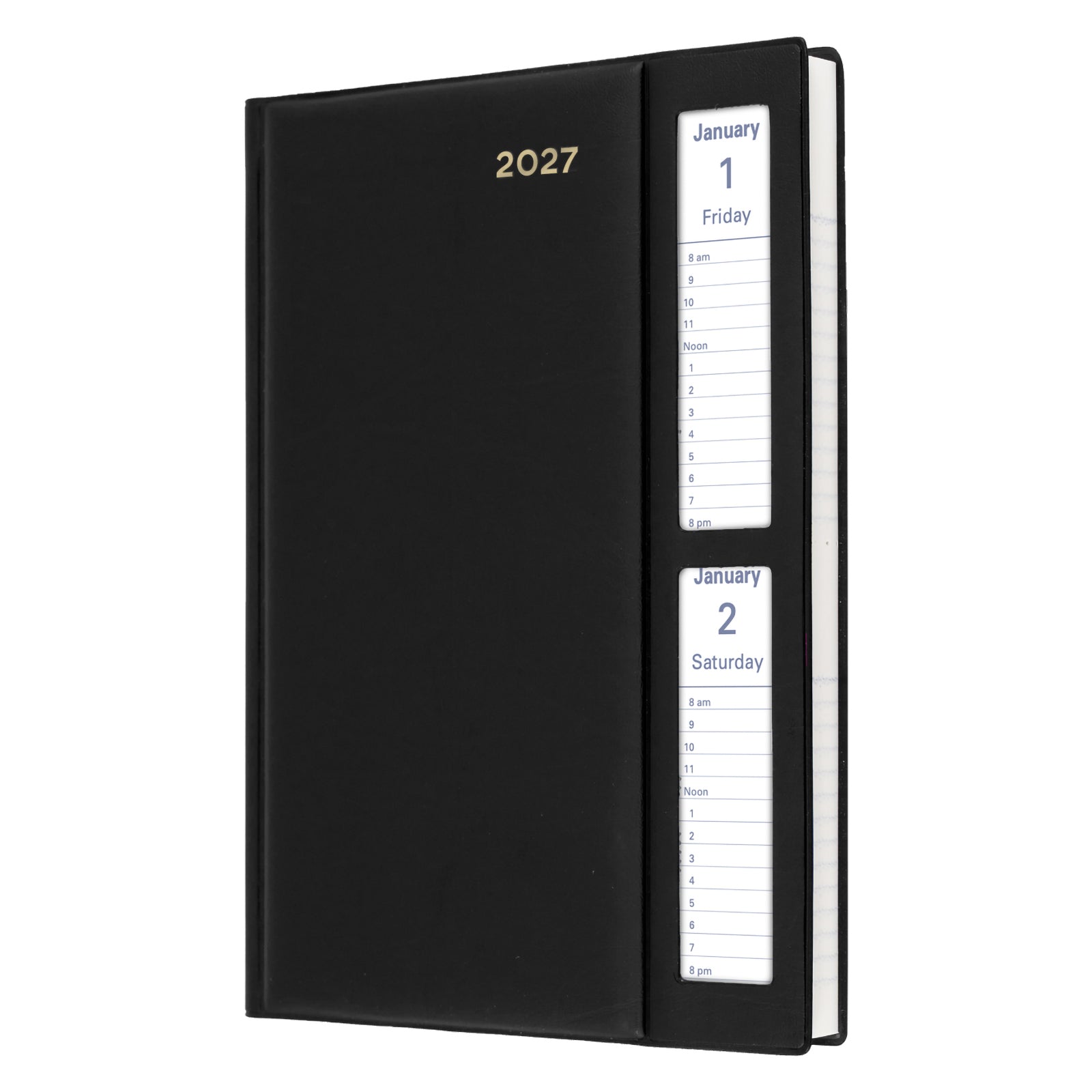 Angled front view of the Collins Belmont 2027 A5 Windowfaced Black Diary isolated on a white background. The premium black cover features gold year embossing and dual viewing windows that provide instant access to the current day's appointments.