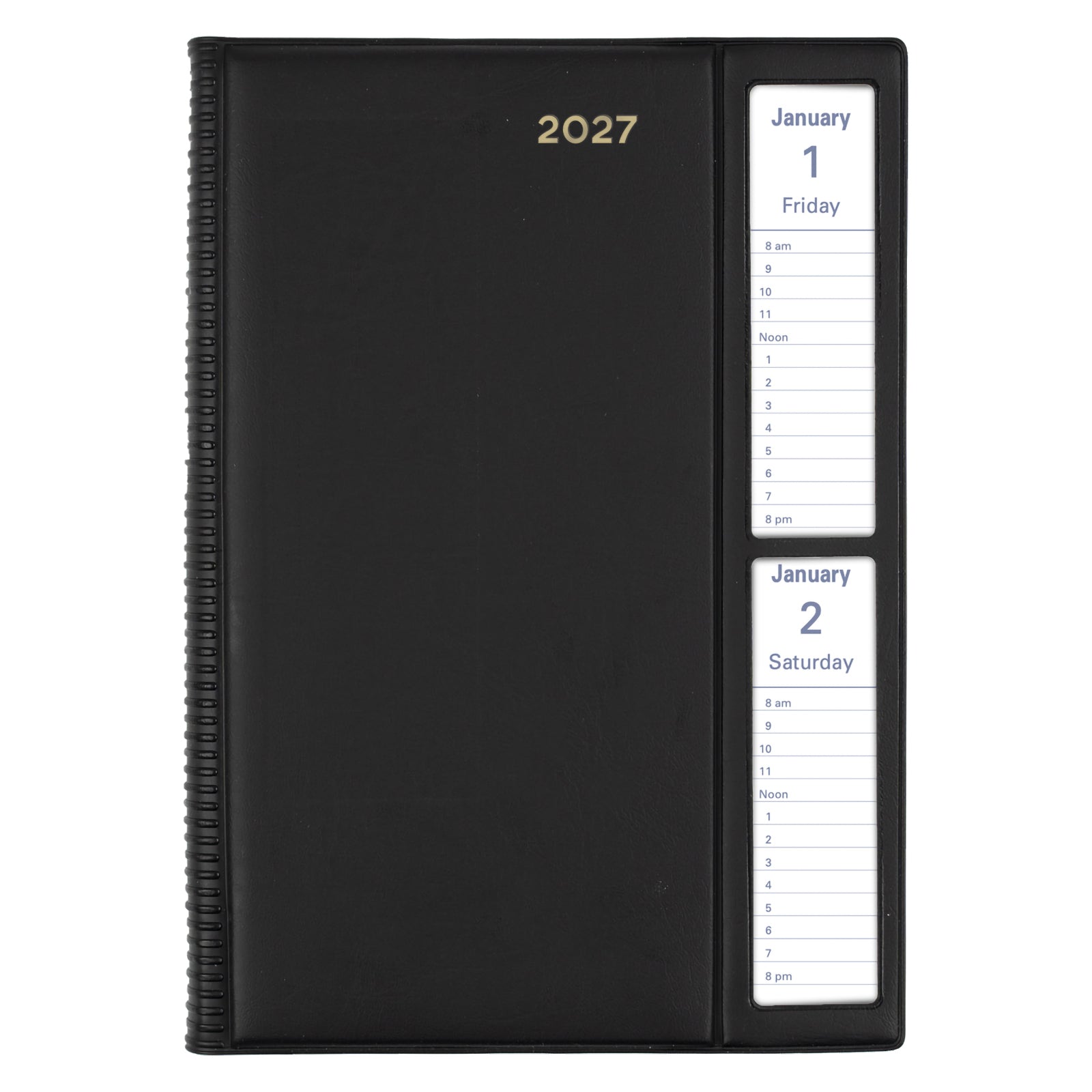 Front view of the Collins Belmont 2027 A5 Windowfaced Black Diary isolated on a white background. The innovative windowfaced design allows users to view the current date instantly while maintaining a sophisticated executive appearance.