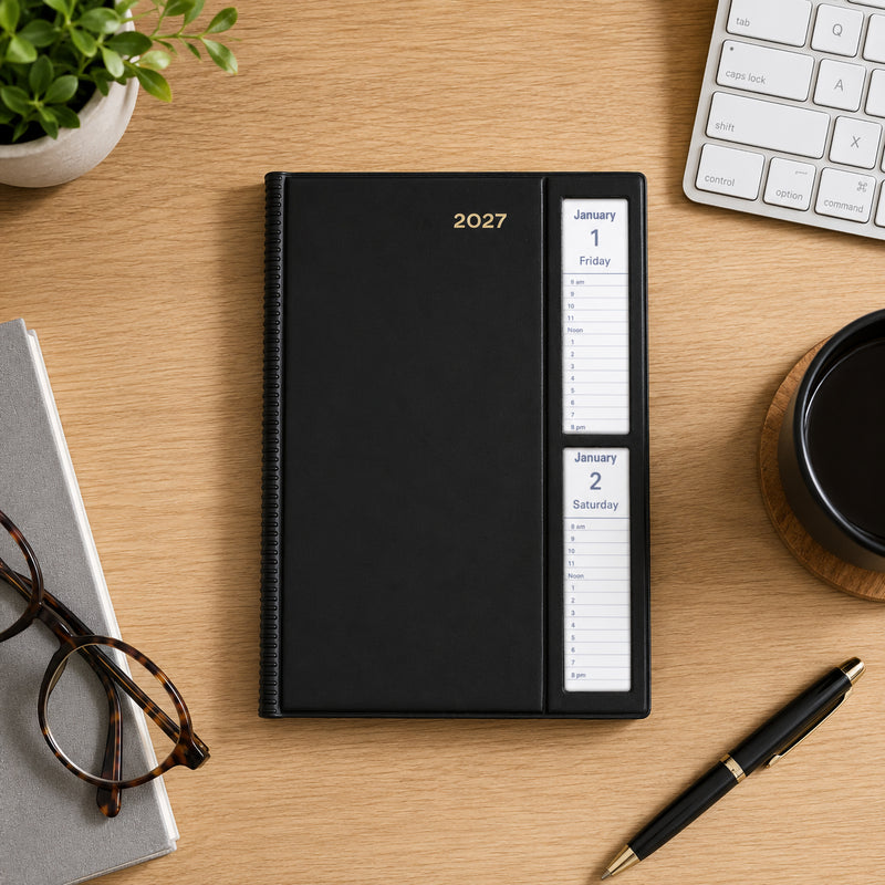 Top view of the Collins Belmont 2027 A5 Windowfaced Black Diary positioned on a timber desk beside a keyboard, notebook, glasses, coffee cup and pen. The distinctive windowfaced cover clearly displays the current day's schedule for quick reference.