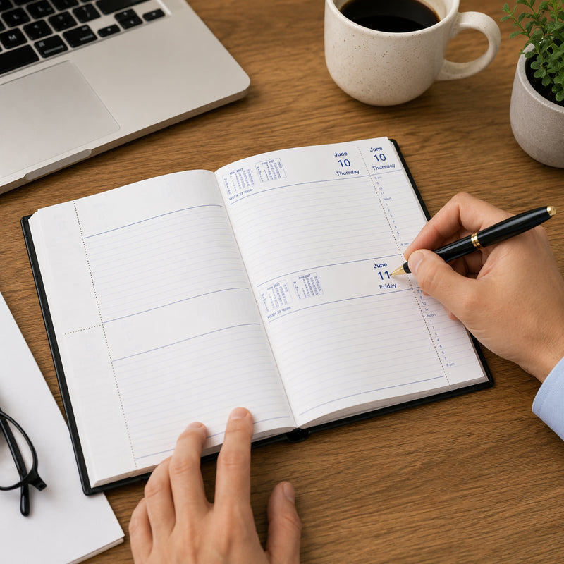 A professional uses the Collins Belmont 2027 A5 2 Days to a Page Windowfaced Black Diary at a wooden office desk while recording appointments. A laptop, coffee mug and indoor plant create a productive workspace that demonstrates the diary in everyday business use.
