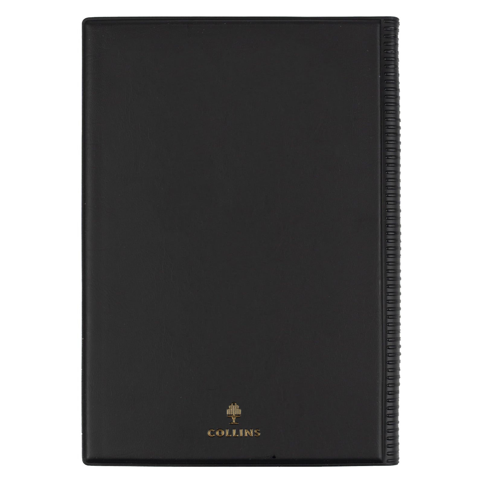 Rear view of the Collins Belmont 2027 A5 Windowfaced Black Diary isolated on a white background, highlighting the durable welded PVC padded cover and quality Collins Debden craftsmanship built for everyday professional planning.