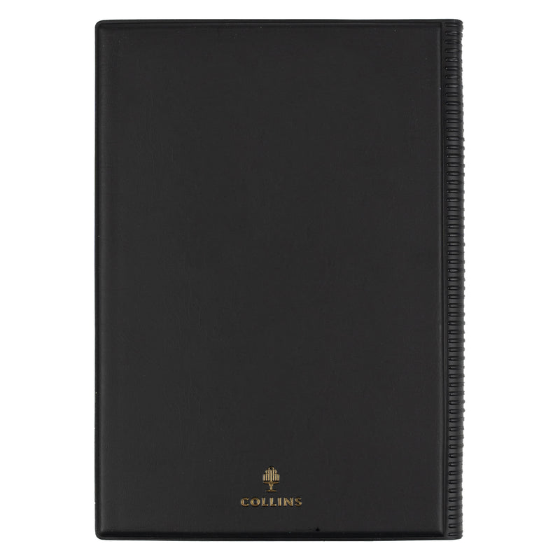 Rear view of the Collins Belmont 2027 A5 Windowfaced Black Diary isolated on a white background, highlighting the durable welded PVC padded cover and quality Collins Debden craftsmanship built for everyday professional planning.