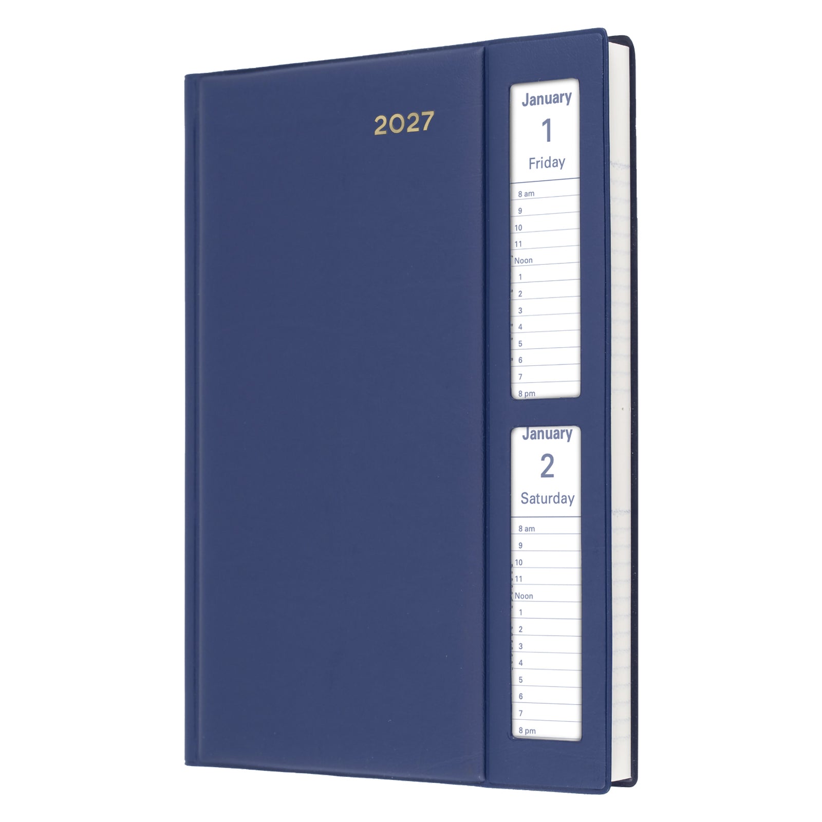 Angled front view of the Collins Belmont 2027 A5 Windowfaced Navy Diary isolated on a white background. The premium navy cover features gold year embossing and twin viewing windows for convenient daily schedule visibility.