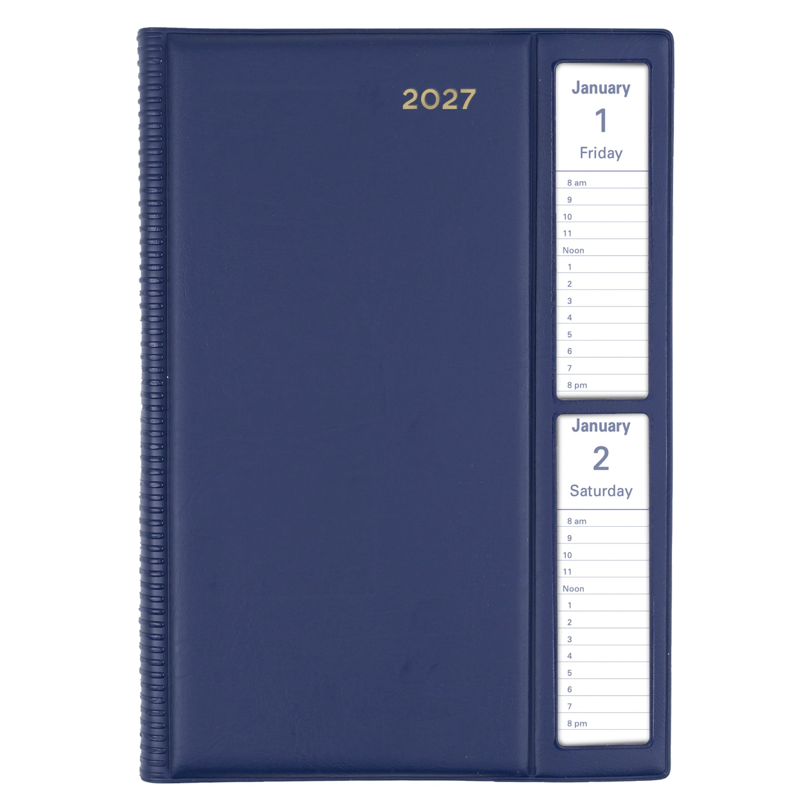 Front view of the Collins Belmont 2027 A5 Windowfaced Navy Diary isolated on a white background. The elegant navy finish and innovative viewing windows offer quick access to the current day's appointments while maintaining a polished executive appearance.