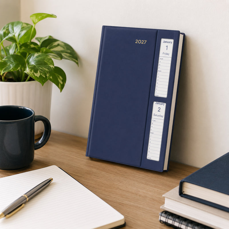 The Collins Belmont 2027 A5 Windowfaced Navy Diary is displayed upright against a wall on an organised office desk with notebooks, a coffee mug and indoor plant. The premium navy cover creates a refined and professional workspace presentation.