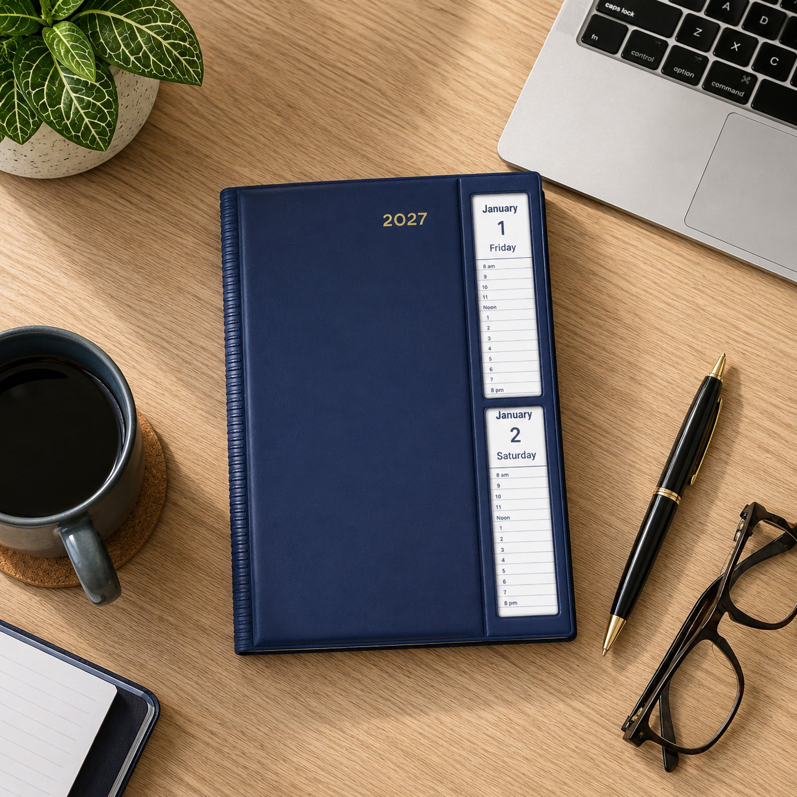 Top view of the Collins Belmont 2027 A5 Windowfaced Navy Diary placed neatly on a wooden desk beside a laptop, coffee mug, glasses and executive pen. The navy cover and windowfaced design provide instant visibility of the current day's schedule.