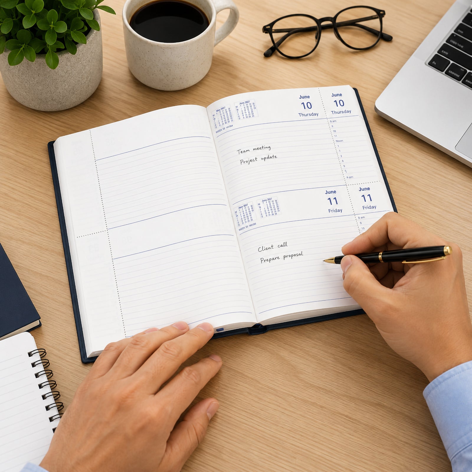 A professional writes appointments in the Collins Belmont 2027 A5 2 Days to a Page Windowfaced Navy Diary on a modern timber office desk. A coffee cup, laptop, glasses and notebook create a productive workspace that highlights the diary in everyday business use.