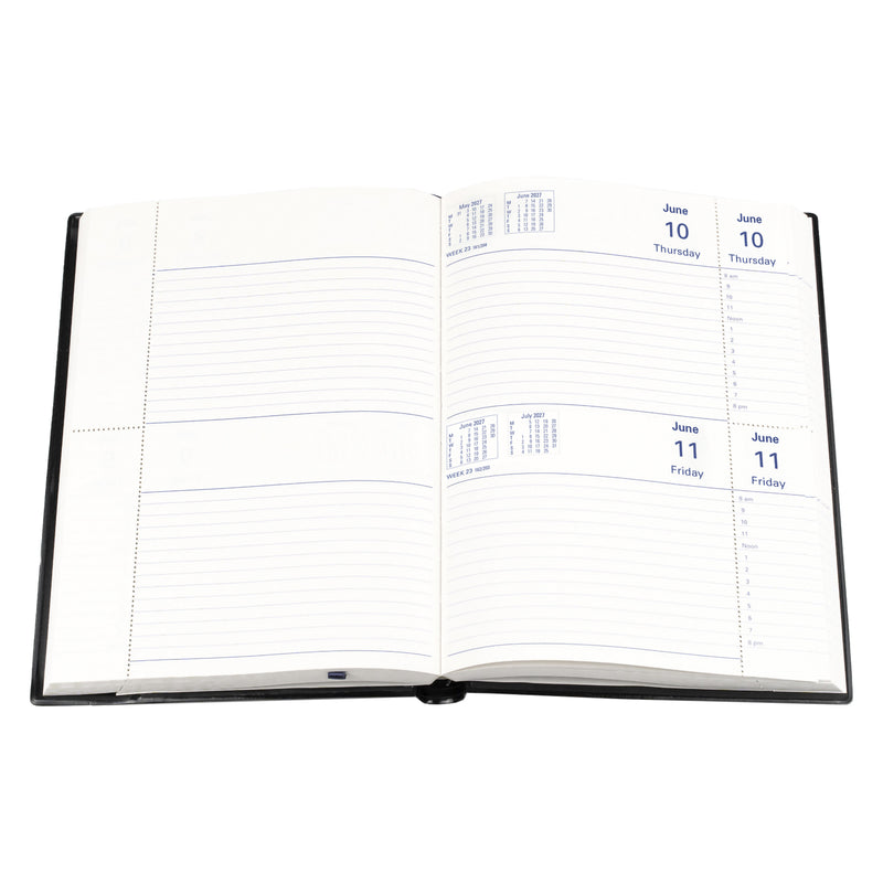 The Collins Belmont 2027 A5 Windowfaced Diary opened flat on a white background, showing the spacious two days per page layout with hourly appointments, writing space and integrated calendar references.