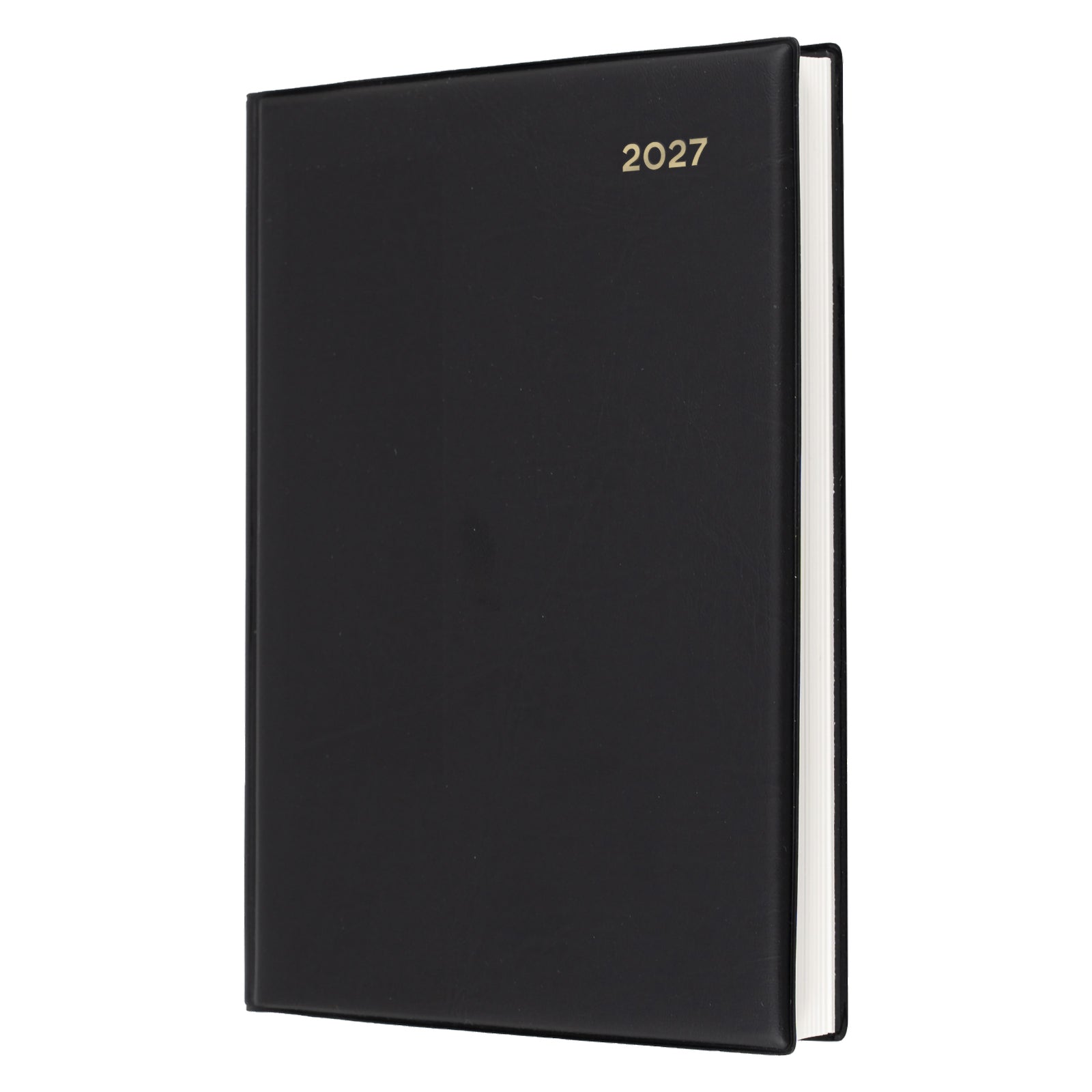 Angled front view of the Collins Belmont 2027 A5 Day to a Page Black Diary isolated on a white background, highlighting the durable black welded PVC padded cover with elegant gold year embossing.