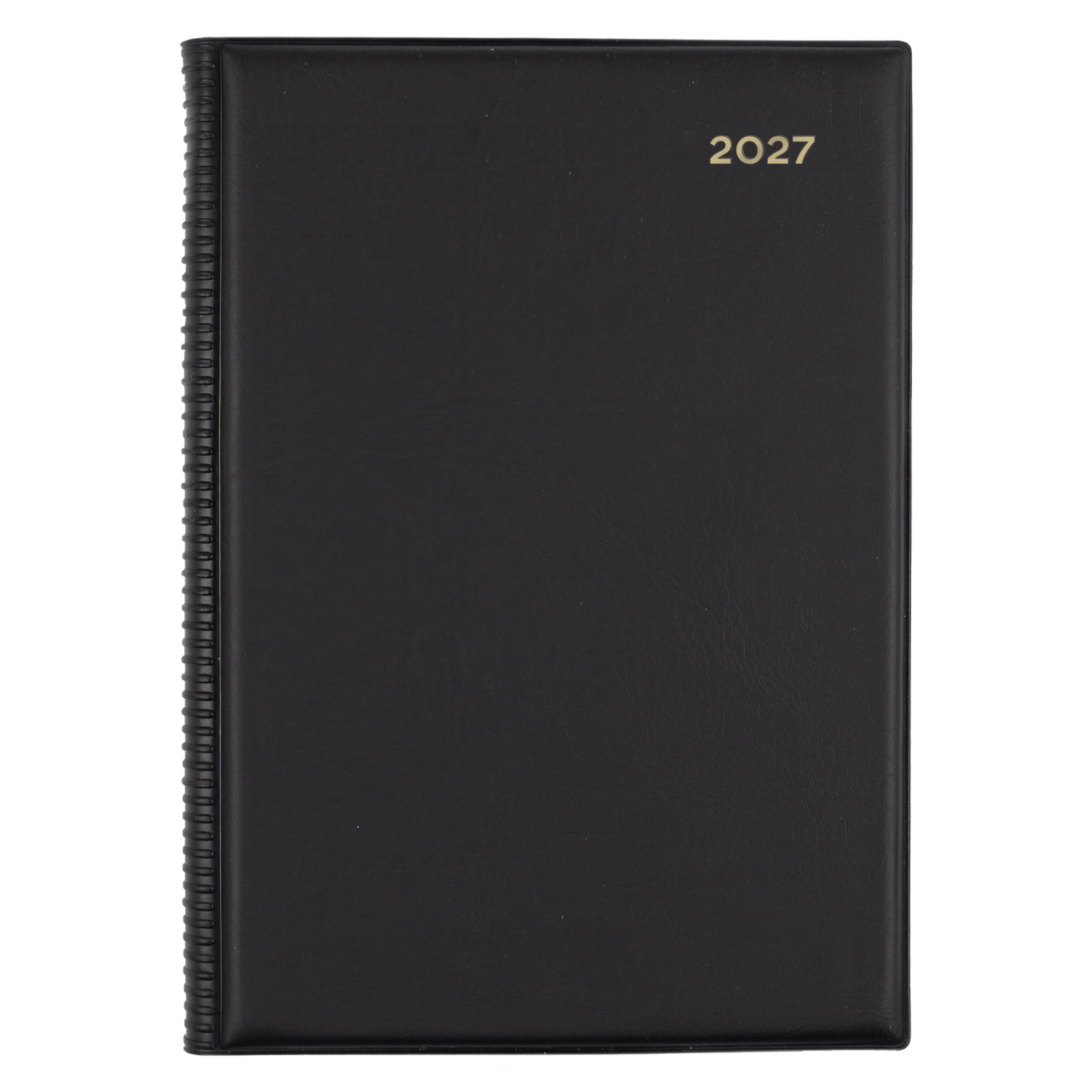 Front view of the Collins Belmont 2027 A5 Day to a Page Black Diary isolated on a white background. The classic black finish and premium construction present a professional planner suitable for offices, study spaces and everyday organisation.