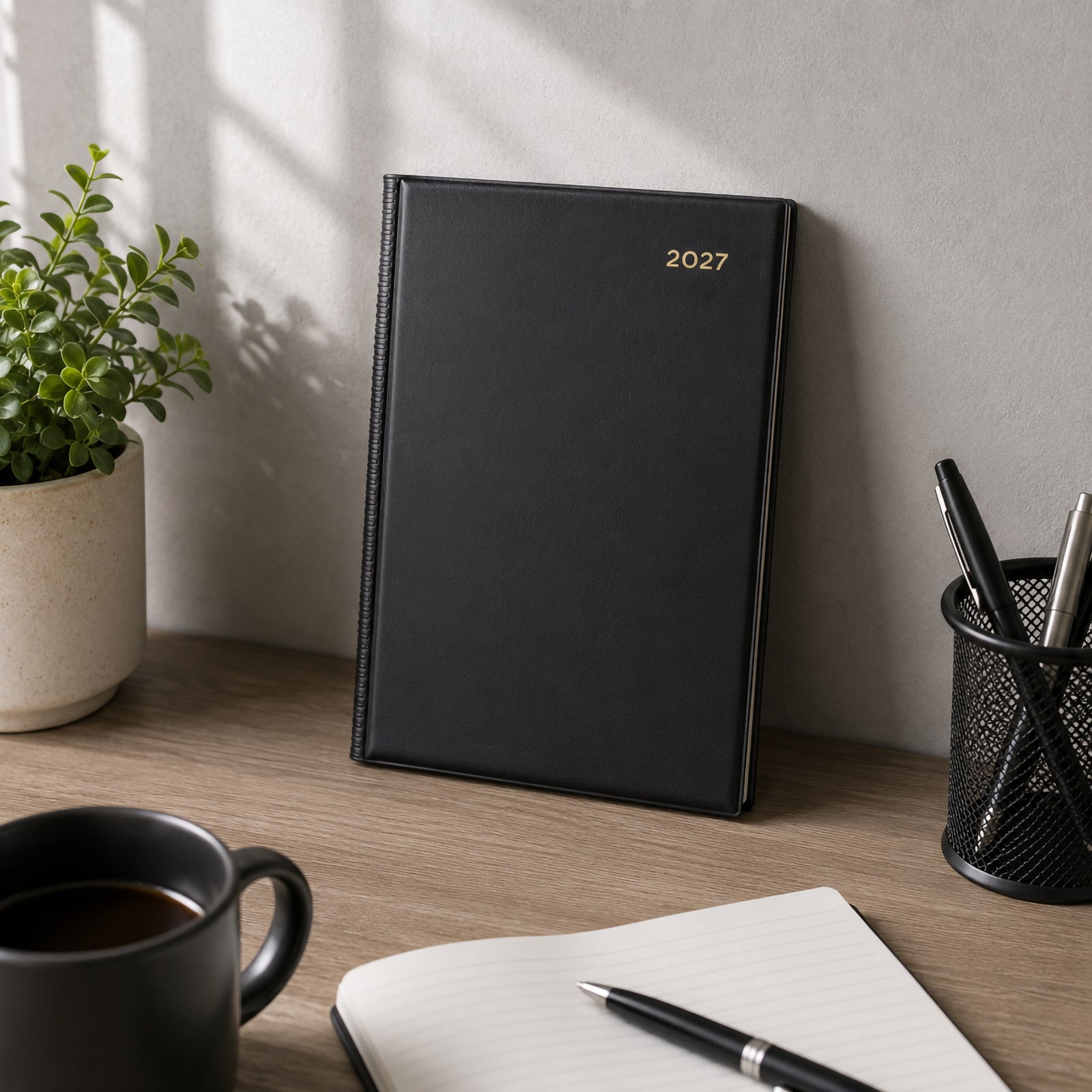 The Collins Belmont 2027 A5 Day to a Page Black Diary stands upright against a wall on a tidy office desk beside a coffee mug, notebook, pen holder and indoor plant. The premium black cover delivers a timeless executive appearance.