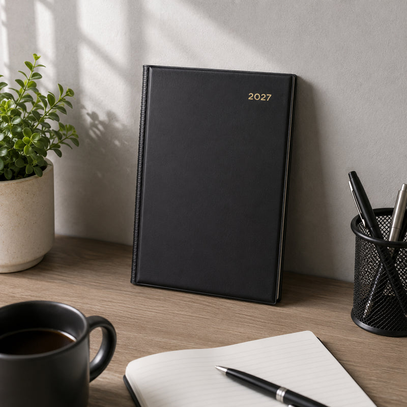 The Collins Belmont 2027 A5 Day to a Page Black Diary stands upright against a wall on a tidy office desk beside a coffee mug, notebook, pen holder and indoor plant. The premium black cover delivers a timeless executive appearance.