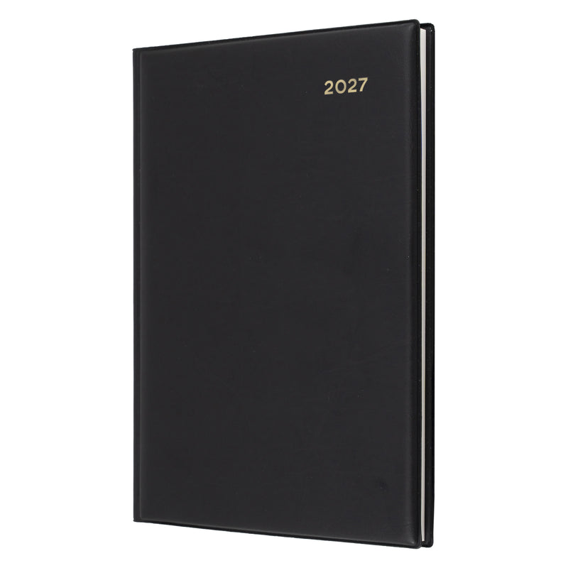 Angled front view of the Collins Belmont 2027 A5 Week to View Black Diary isolated on a white background. The premium black welded PVC padded cover with gold year embossing showcases its durable and refined construction.