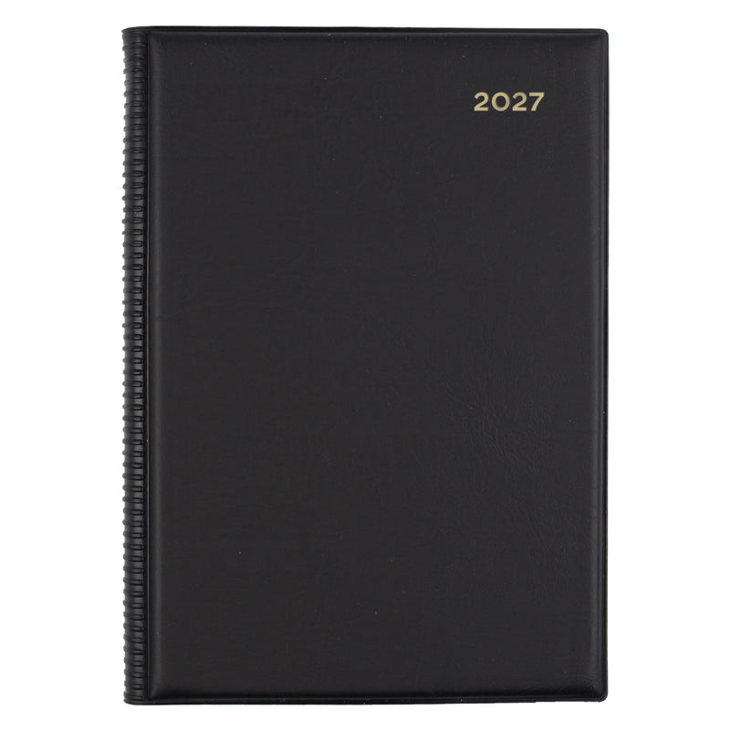 Front view of the Collins Belmont 2027 A5 Week to View Black Diary isolated on a white background. The classic black cover, gold year embossing and premium construction make it an ideal planner for business, office and personal organisation.