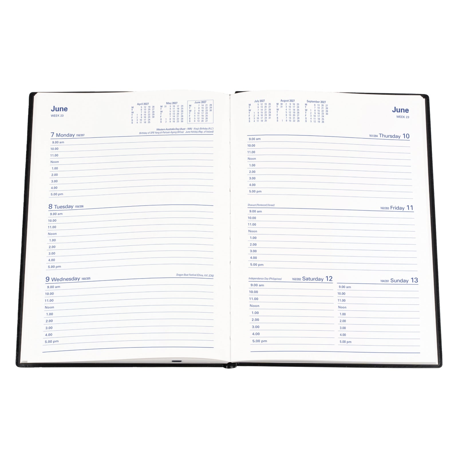 The Collins Belmont 2027 A5 Week to View Diary opened flat on a white background, displaying the weekly planning format with hourly appointment sections, reference calendars and generous writing space for organised scheduling.