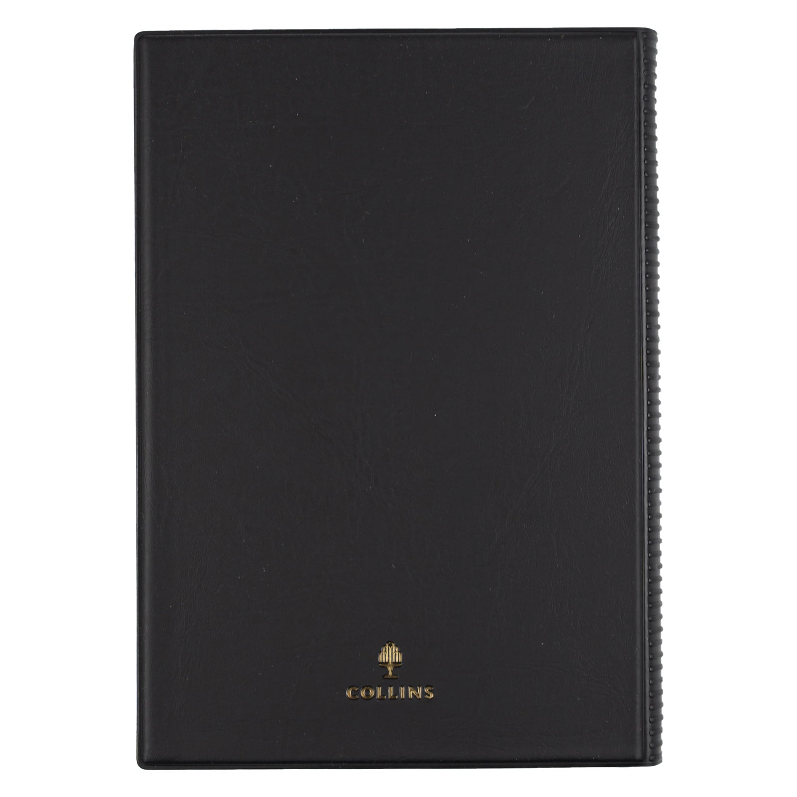 Rear view of the Collins Belmont 2027 A5 Week to View Black Diary isolated on a white background, highlighting the smooth padded black cover, subtle Collins branding and sturdy finish designed for everyday professional use.