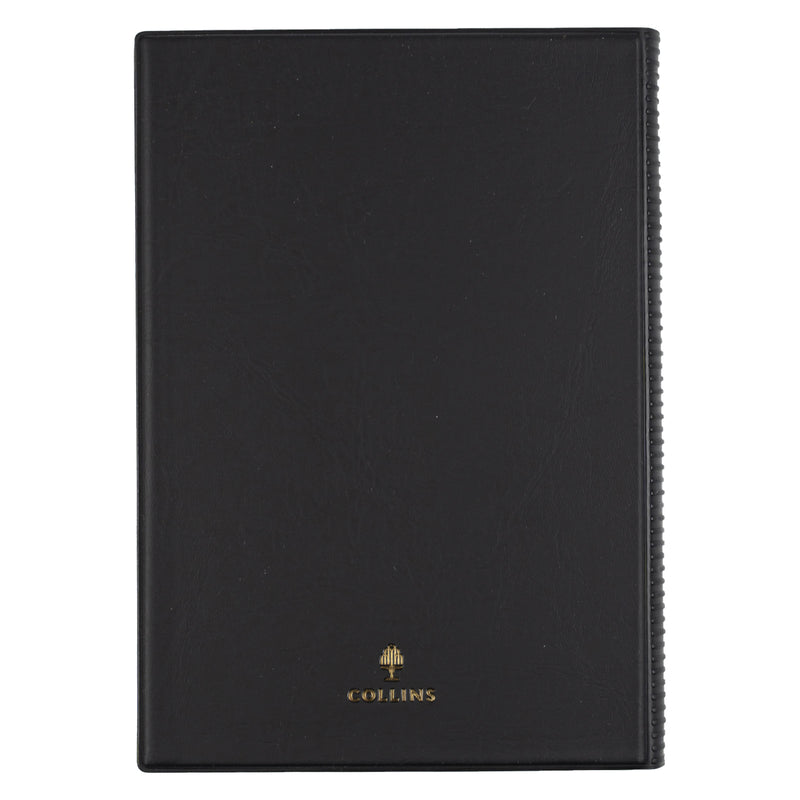 Rear view of the Collins Belmont 2027 A5 Week to View Black Diary isolated on a white background, highlighting the smooth padded black cover, subtle Collins branding and sturdy finish designed for everyday professional use.