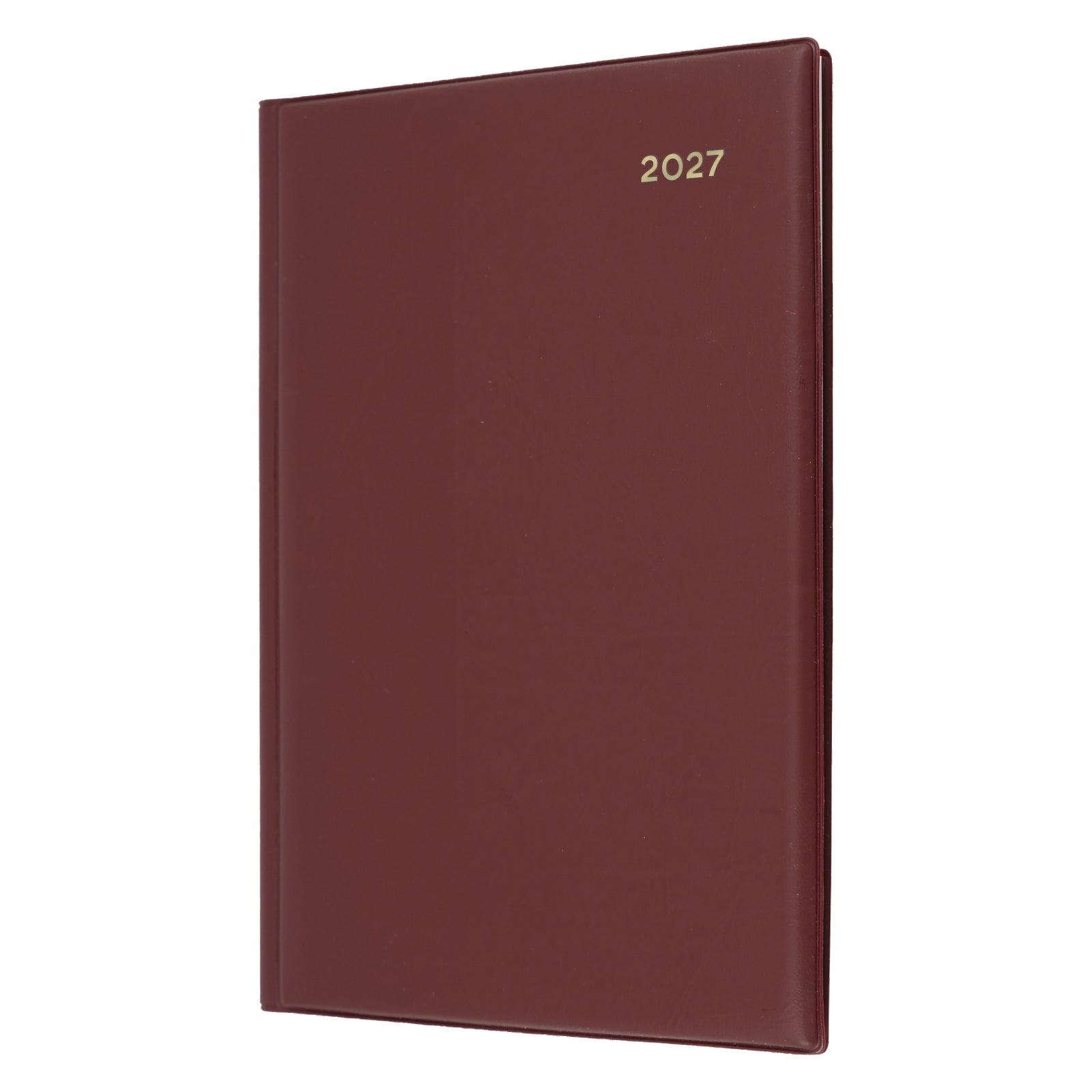 Angled front view of the Collins Belmont 2027 A5 Week to View Burgundy Diary isolated on a white background. The premium burgundy welded PVC padded cover and gold embossed year create a polished professional appearance.