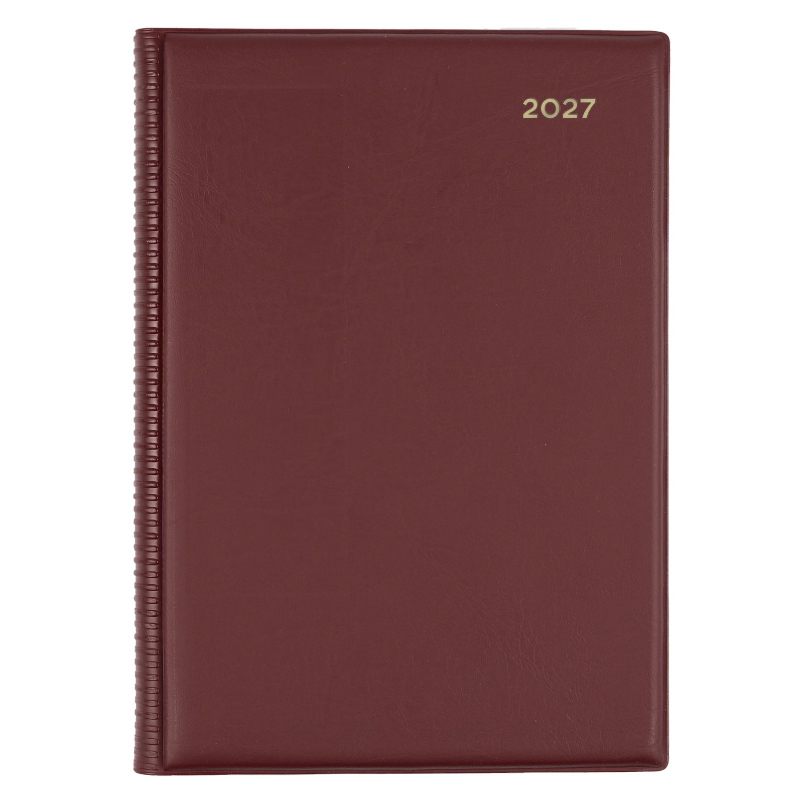 Front view of the Collins Belmont 2027 A5 Week to View Burgundy Diary isolated on a white background. The rich burgundy finish with gold year embossing presents a classic organiser suitable for professional and personal scheduling.