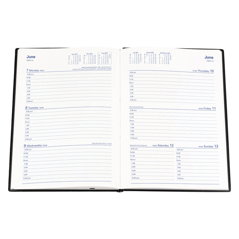 The Collins Belmont 2027 A5 Week to View Diary opened flat on a white background, displaying the complete weekly planning layout with hourly appointment sections, reference calendars and generous writing space for organised scheduling.